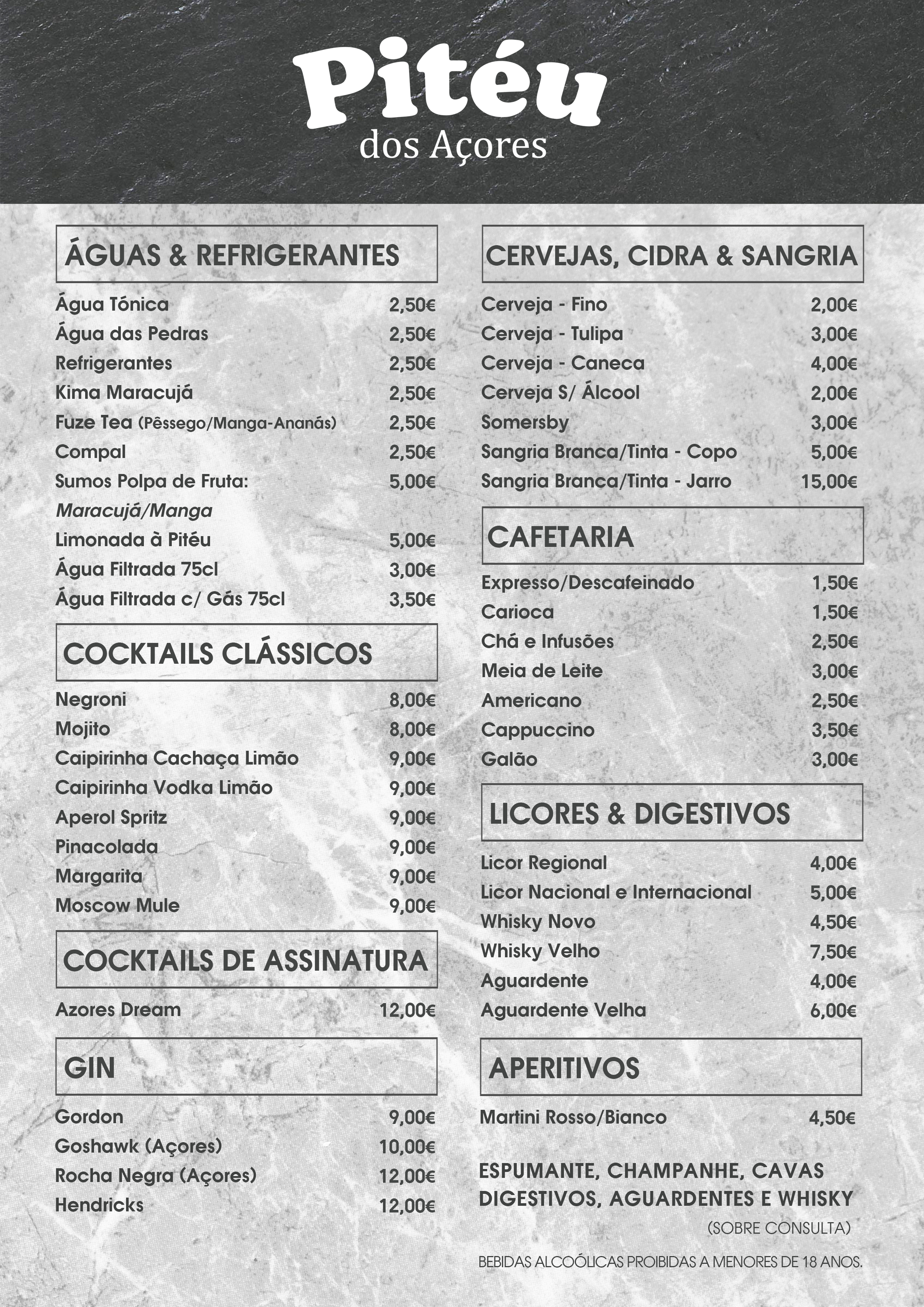 Menu de bebidas do Restaurante Pitéu dos Açores